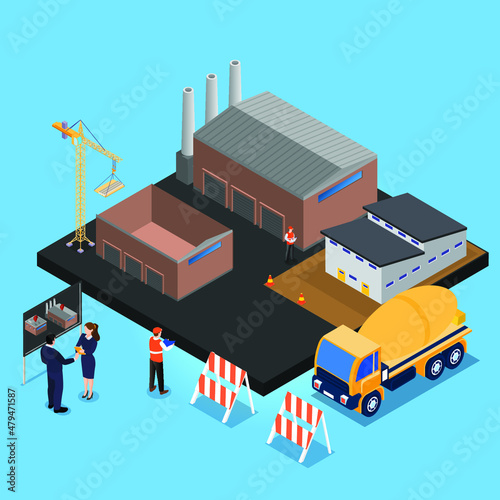 Manufacture and warehouse development isometric 3d vector concept for banner, website, illustration, landing page, flyer, etc.