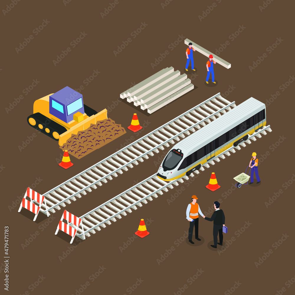 Train railway site construction isometric 3d vector concept for banner, website, illustration, landing page, flyer, etc.