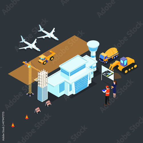 Airport site construction isometric 3d vector concept for banner  website  illustration  landing page  flyer  etc.
