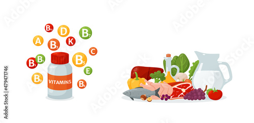 Vitamin supplement vs whole food, flat vector illustration isolated on white background.