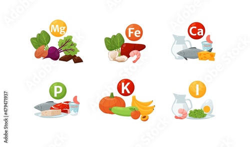 Vitamin and mineral infographic for healthy food nutrition. Food enriched in various vitamins and nutrients, vector.