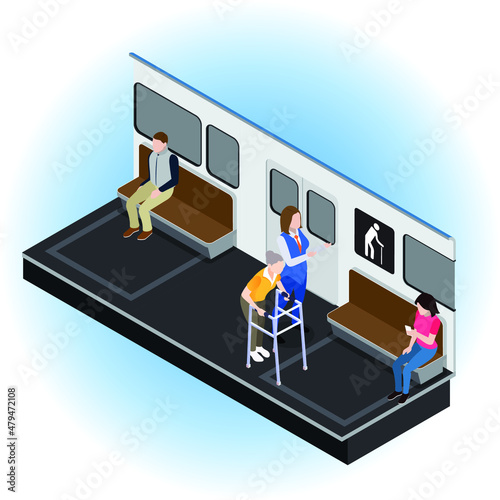 Priority seat in a public transport for elderly people isometric 3d isometric 3d vector concept for banner, website, illustration, landing page, flyer, etc.