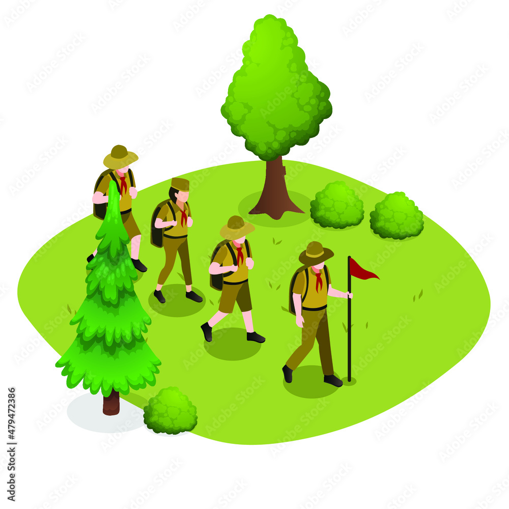 Fototapeta premium Boyscout exploring nature isometric 3d vector concept for banner, website, illustration, landing page, flyer, etc.