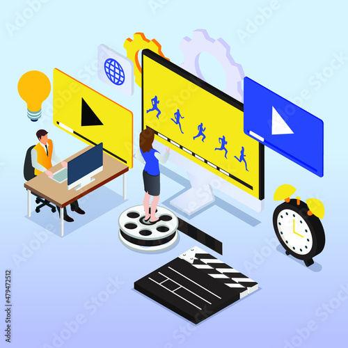 People working on computer creating animated video isometric 3d vector concept for banner, website, illustration, landing page, flyer, etc.