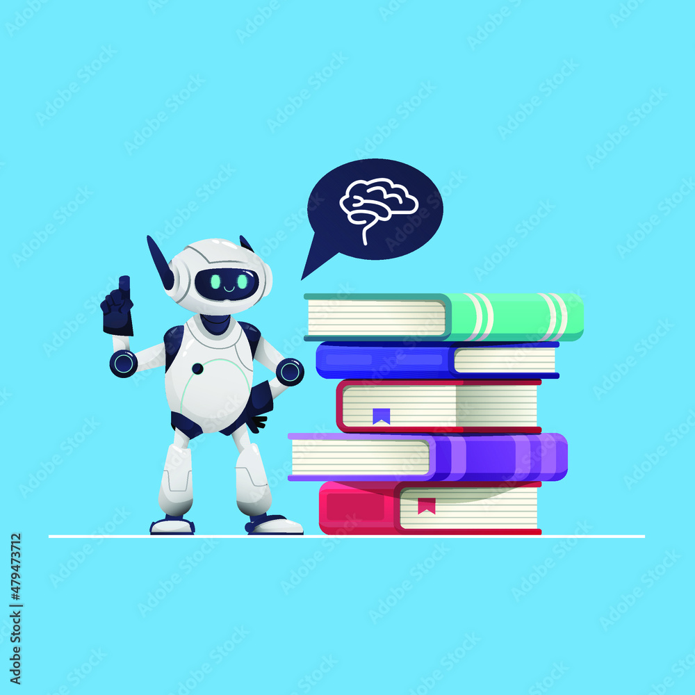 Robot with a stack of books. 