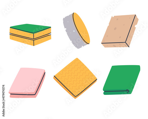 Set of sponges and rags. Means for washing and cleaning the kitchen, toilet and bathroom. Isolated flat on white background.
