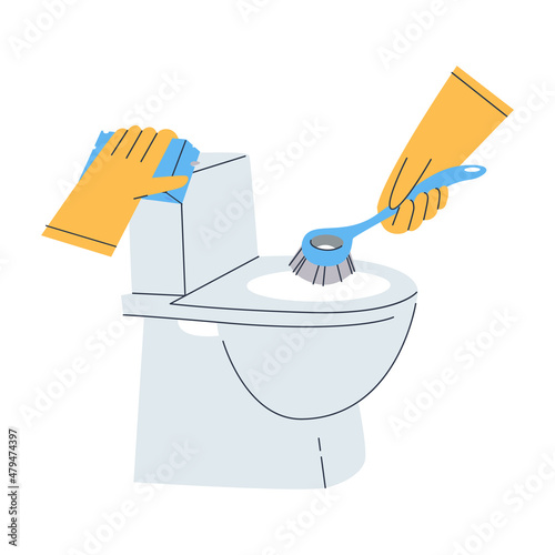 Bathroom cleaning concept. Manual cleaning of a ceramic toilet. Hands in feathers wash the tank with a sponge. Wash the toilet bowl with a brush. Isolated flat on white background.