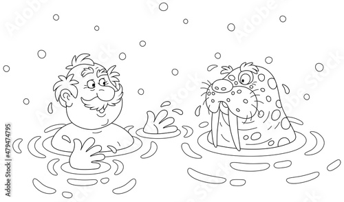 Funny sportsman winter-swimmer together with a big mustached walrus in cold water of an ice-hole, black and white outline vector cartoon illustration for a coloring book page