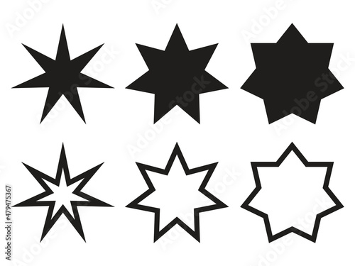 Star shapes collection. Silhouetes and outline seven seven pointed stars. Simple design elements set. Vector illustration isolated on white.