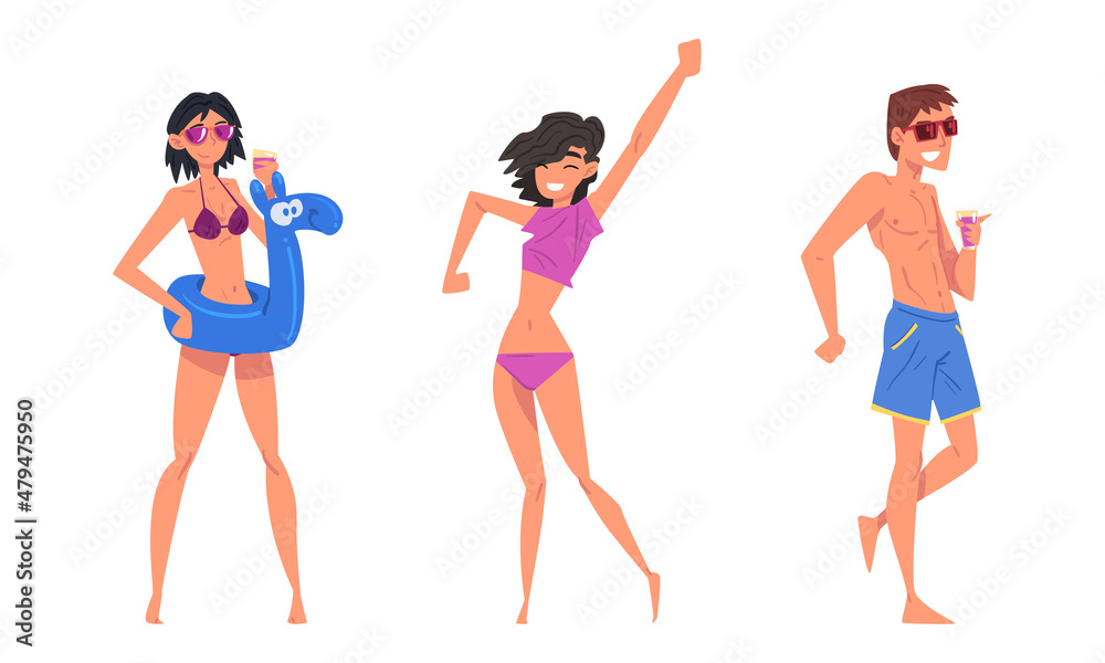 Cheerful Man and Woman in Swimwear with Rubber Ring Drinking Cocktail Having Pool Party Vector Set