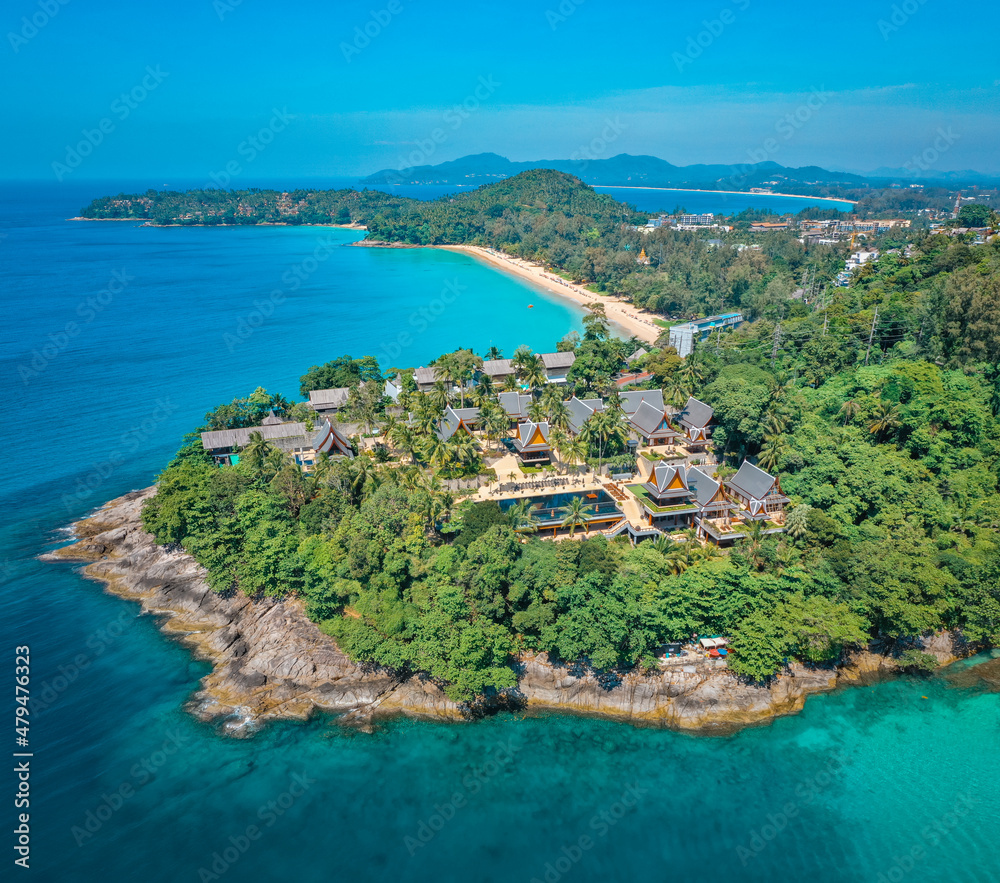 Fototapeta premium Aerial view of Laem Singh beach in Phuket, Thailand