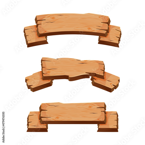 Wooden Empty Signboard Plank of Brown Timber Material Vector Set