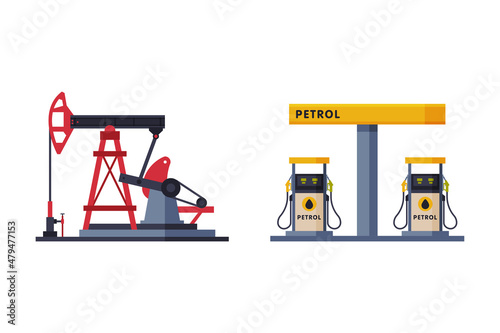 Oil Well with Pumpjack as Overground Drive for Bringing Petroleum and Gas Filling Station Stand Vector Set photo