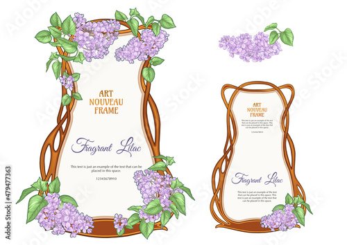 Label, decorative frame, border with lilac flowers. Template for product label, cosmetic packaging. Easy to edit. Vector illustration. In art nouveau style, vintage, old, retro style.