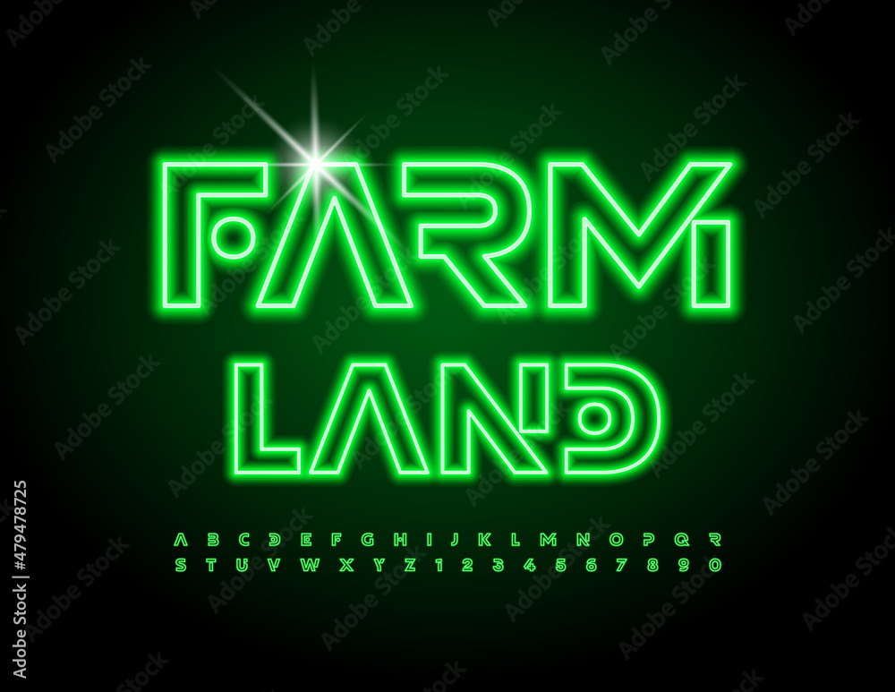 Vector bright Sign Farm Land. Neon glowing Font. Illuminated Alphabet ...