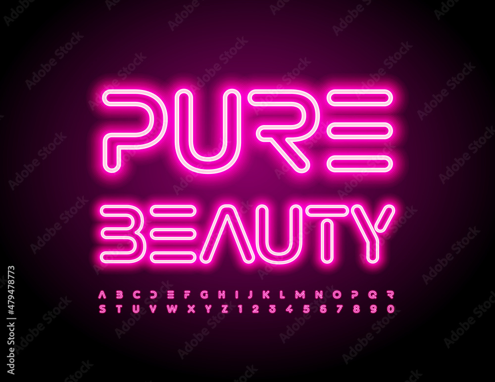 Vector glamour emblem Pure Beauty. Unique Neon Font. Pink Led light Alphabet Letters and Numbers