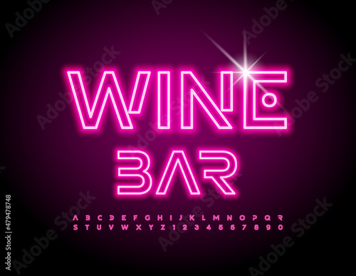 Vector Glowing Poster Wine Bar. Neon Pink Font. Artistic Alphabet Letters and Numbers set