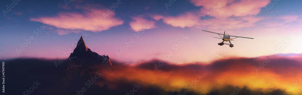 Dramatic Mountain Landscape covered in clouds. Sunset or Sunrise Colorful Sky. Seaplane aircraft Flying. 3d Rendering Adventure Dream Concept Artwork. - obrazy, fototapety, plakaty 