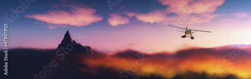 Dramatic Mountain Landscape covered in clouds. Sunset or Sunrise Colorful Sky. Seaplane aircraft Flying. 3d Rendering Adventure Dream Concept Artwork.