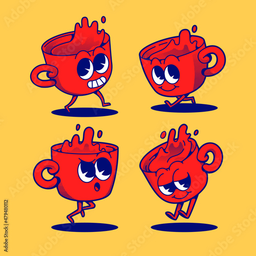Vector illustration trendy coffee cup cartoon character with various facial expression. Retro vintage mascot cartoon logo.