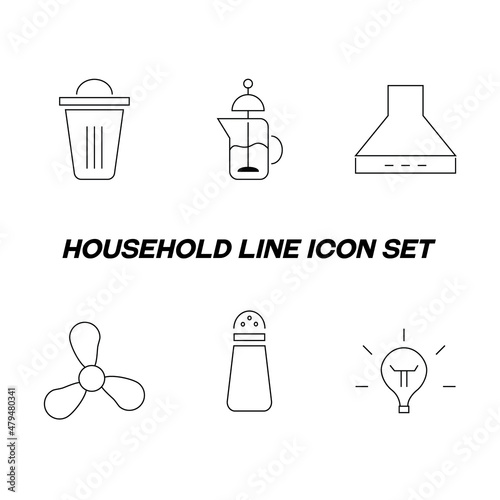 Household and daily routine concept. Collection of modern outline monochrome icons in flat style. Line icon set of garbage can, french press, stove hood, ventilator, salt shaker, light bulb