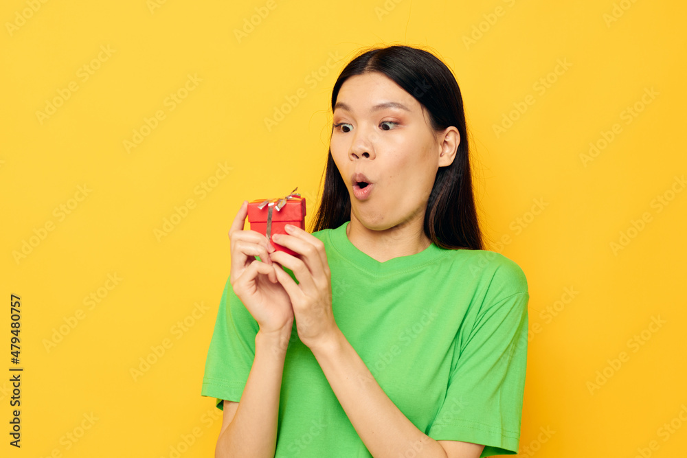 woman Red gift box happy Birthday isolated background unaltered woman Red gift box happy Birthday isolated background unaltered