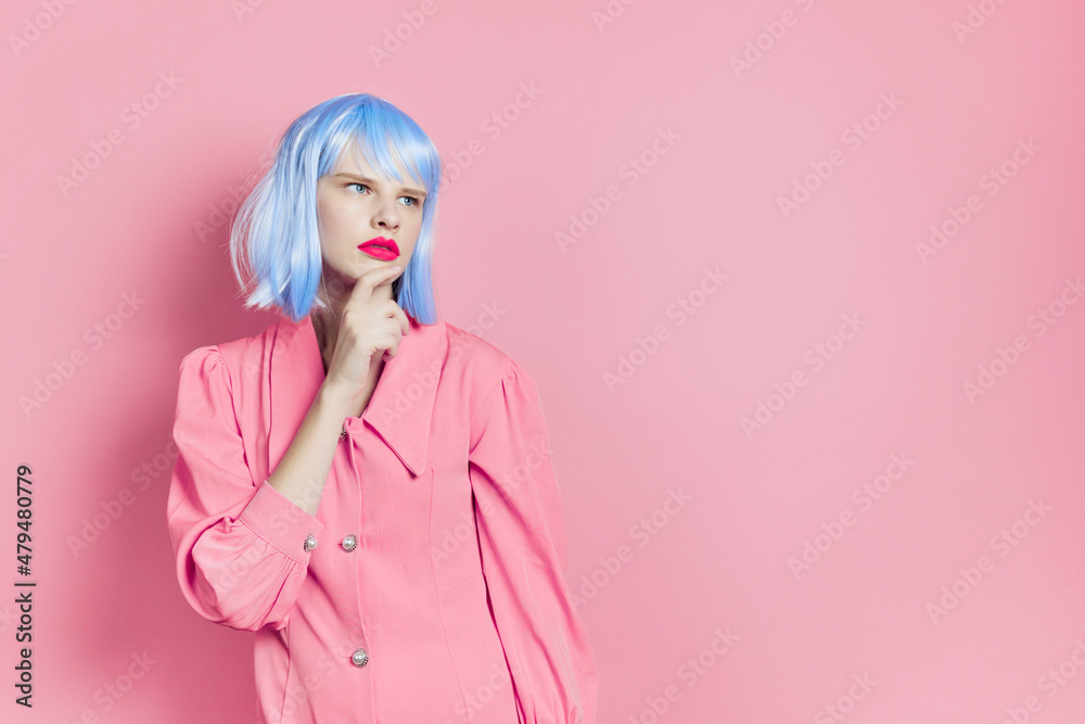 female wears a blue wig makeup isolated background female wears a blue wig makeup isolated background
