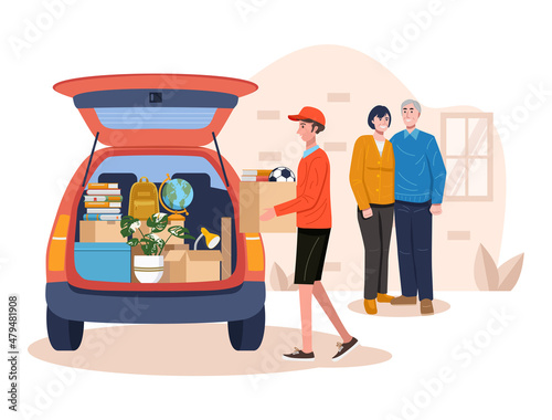 College student packing car and moving into dormitory or apartment.