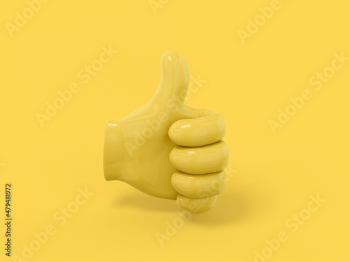 Yellow single color palm with thumb up on yellow monochrome background. Minimalistic design object. 3d rendering icon ui ux interface element.