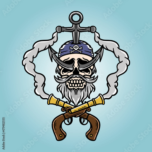 pirate skull illustration with gun emitting smoke and anchor