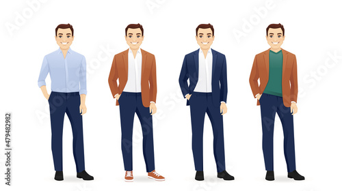 Smiling hadsome business man in different style clothes standing set. Vector illustration isolated on white background