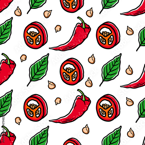 seamless pattern chili, chili seeds, chili slices and chili leaves