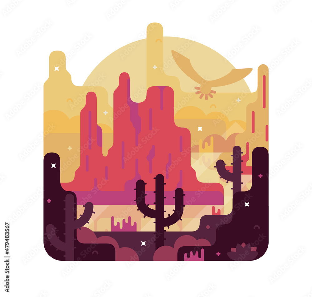 Grand Canyon - vector cartoon illustration in flat game design - desert, cactus, river.