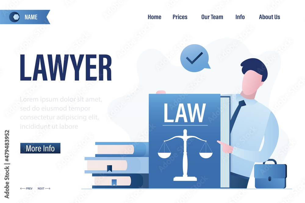 Lawyer, landing page template. Law and justice. Confident attorney holds big lowbooks. Advocate, close up view. Successful male notary. Character in trendy blue colors. Lawyer, landing page template. Law and justice. Confident attorney holds big lowbooks. Advocate, close up view. Successful male notary. Character in trendy blue colors.