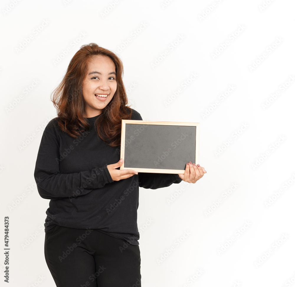 Showing, Presenting and holding Blank Blackboard Of Beautiful Asian Woman Wearing Black Shirt Showing, Presenting and holding Blank Blackboard Of Beautiful Asian Woman Wearing Black Shirt