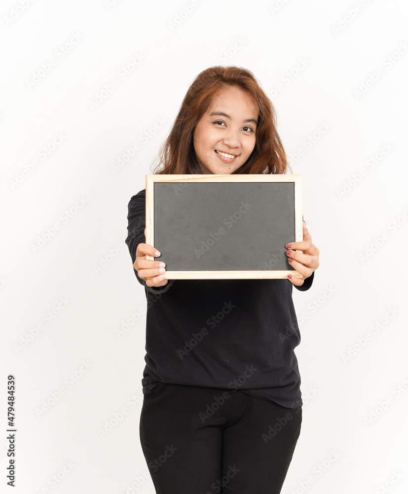 Showing, Presenting and holding Blank Blackboard Of Beautiful Asian Woman Wearing Black Shirt Showing, Presenting and holding Blank Blackboard Of Beautiful Asian Woman Wearing Black Shirt