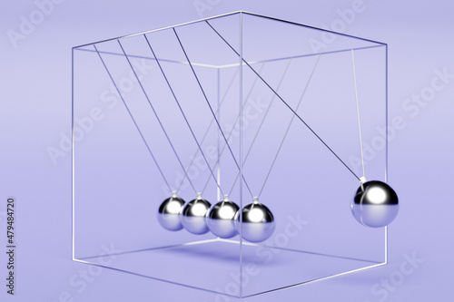 3d illustration Balancing balls Newton's Cradle on a purple background. Calming Balancing Meditation Balls