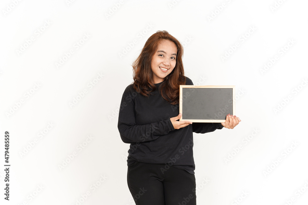 Showing, Presenting and holding Blank Blackboard Of Beautiful Asian Woman Wearing Black Shirt Showing, Presenting and holding Blank Blackboard Of Beautiful Asian Woman Wearing Black Shirt