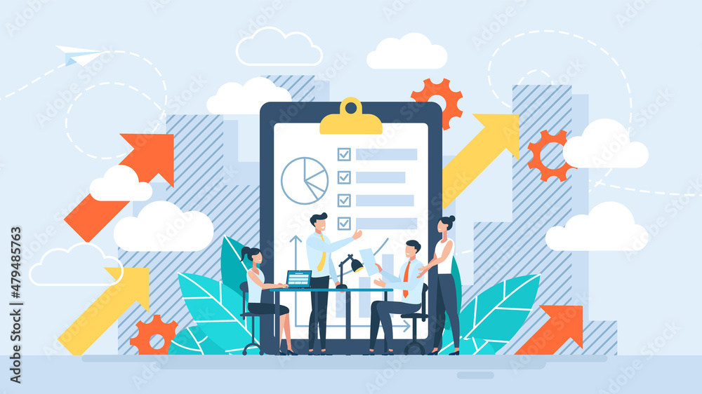 Business development strategy planning. Data analysis, cooperation of company departments. Scheduling a financial or economic strategy to develop the company. Tiny characters. Flat vector illustration