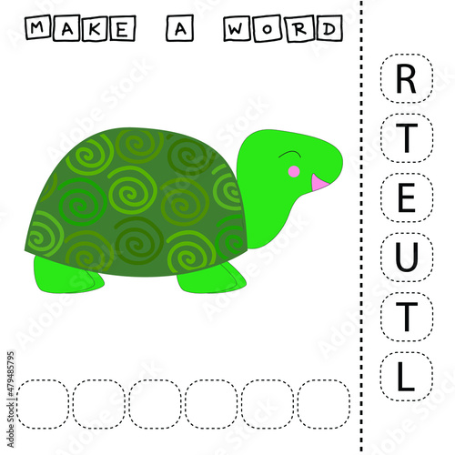 Make the word TURTLE from the scattered letters, cut and connect. Educational game for children.