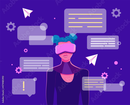 Young girl in VR headset communicating with messenger. Concept of virtual or augmented reality with people communicating in virtual reality. Modern flat vector illustration.
