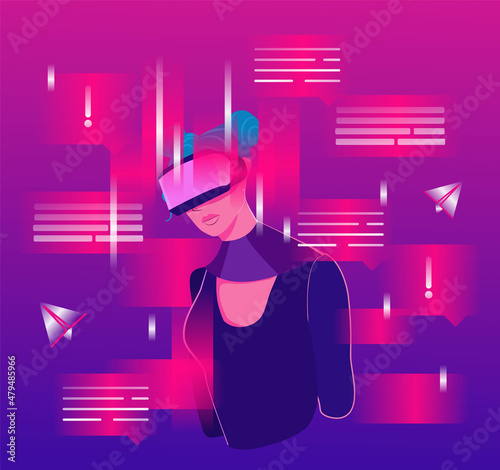 Young girl in VR headset communicating with messenger. Concept of virtual or augmented reality with people communicating in virtual reality. Modern flat vector illustration.
