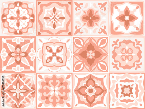 Ceramic tiles set. Azulejo, Spanish pattern, Patchwork ornaments, Moroccan, Portuguese background in pink pastel colors. Majolica, decorative pottery design, vector illustration.