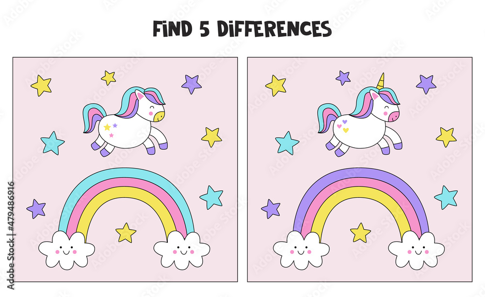 Find 5 differences between two cute unicorn pictures.