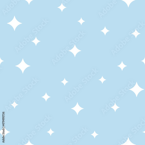 Shine minimal seamless pattern. Clean and fresh snowfall print for subtle background. White twinkles and stars on blue backdrop.