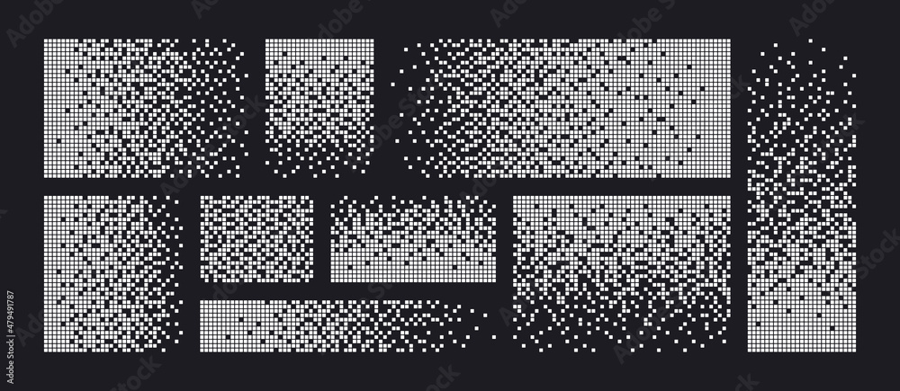 Pixel disintegration background. Decay effect. Dispersed dotted pattern. Concept of disintegration. Set pixel mosaic textures with simple square particles. Vector illustration on black background. - obrazy, fototapety, plakaty 