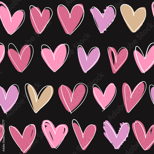 Valentine's Day seamless pattern. Trendy flat hand drawn stylized hearts.