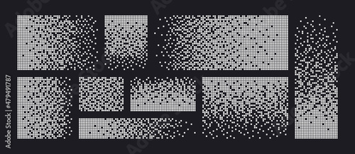 Pixel disintegration background. Decay effect. Dispersed dotted pattern. Concept of disintegration. Set pixel mosaic textures with simple square particles. Vector illustration on black background.