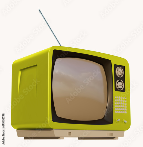 Television vieja vintage  analogica amarillo vista frontal aislado en fondo blanco con antena  imagen 3d 