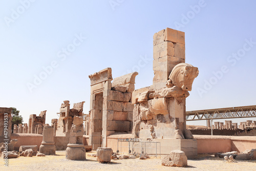 Ancient column with stone statue of bull in Persepolis (capital of the Achaemenid Empire), Shiraz, Iran photo
